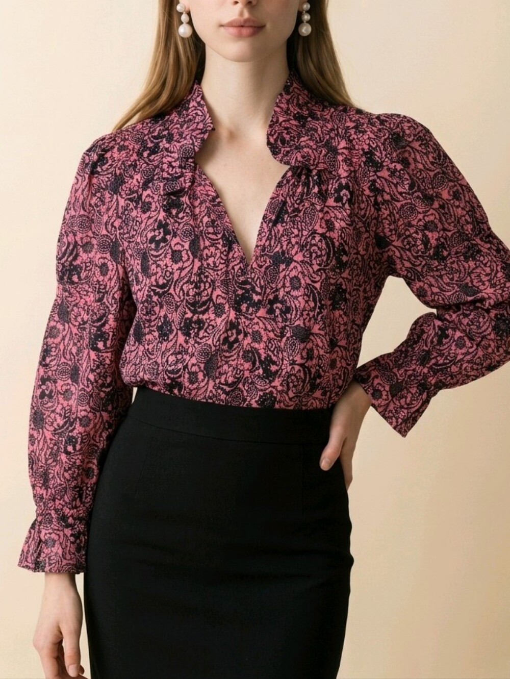 Derek Lam IO Crosby Pink and Black Floral Ruffle V-Neck Blouse Size 8